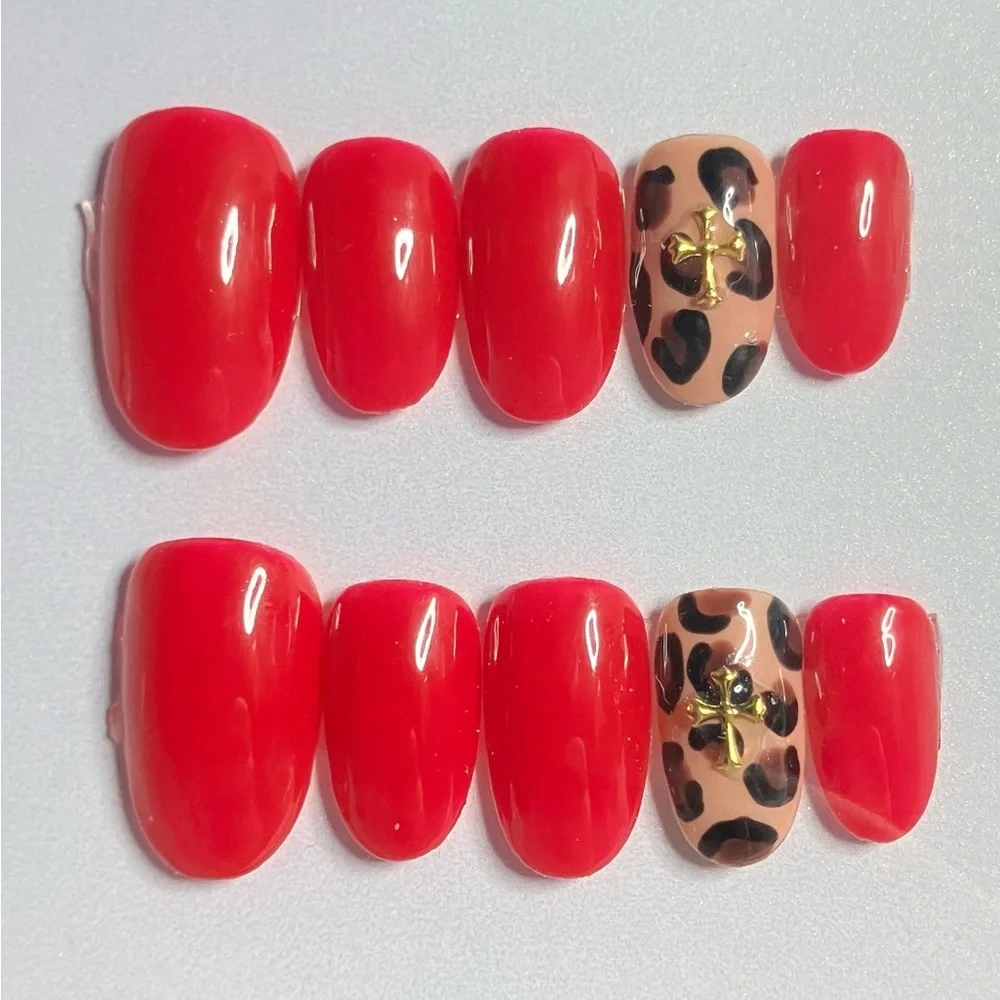 Red Leopard Accent Press-On Nail Set - Women Accessories